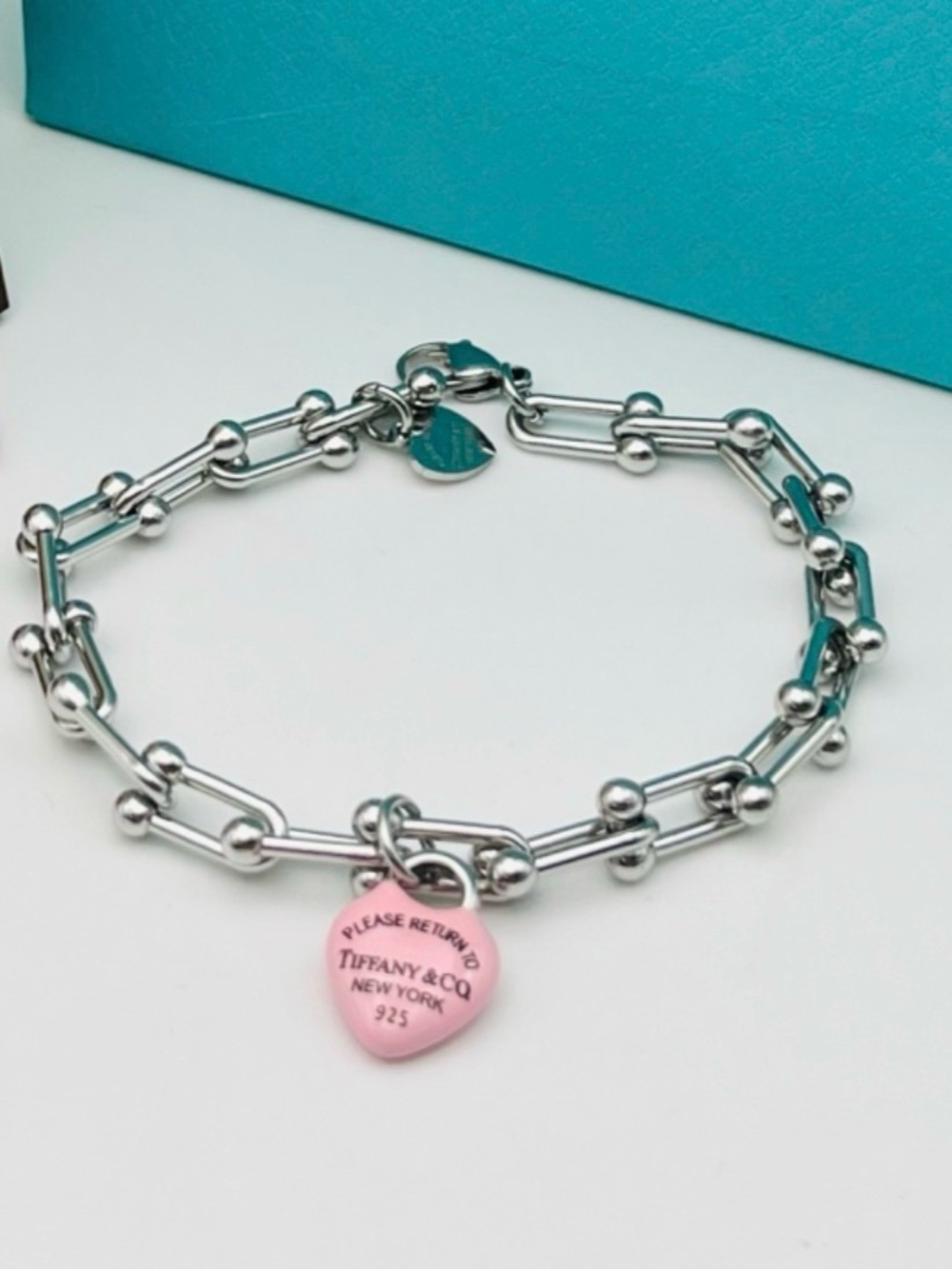 Stainless steel Silver-Tone Chain Link Pink Heart Tag Bracelet